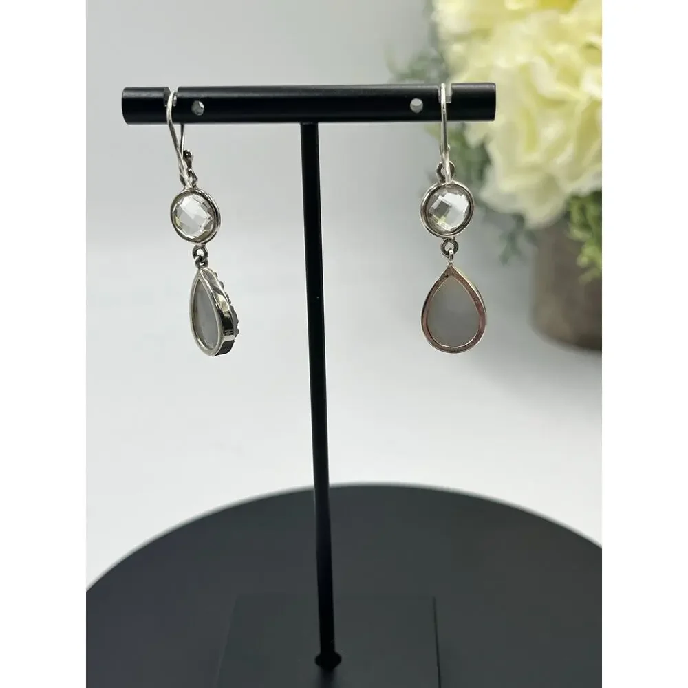 Vintage Sterling Silver 925 Titanium Druzy Clear‎ Rock Quartz Dangle Earrings